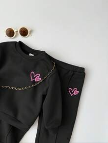 Set de bluză cu mânecă lungă și pantaloni de trening cu imprimeu floral pentru bebeluși, fete, casual, cu imprimeu floral, culoare solidă, lejeră, cu umeri căzuți, cu mânecă lungă, și pantaloni de trening cu picior larg - Negru - Vizualizare 3