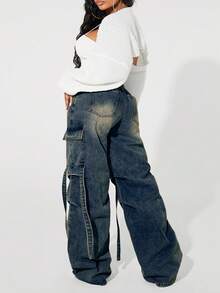 SHEIN ICON 大码女式街头风休闲多口袋牛仔裤