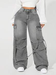 SHEIN ICON Plus Size Solid Color Casual Versatile Wide Leg Cargo Jeans - Light Grey - View 3