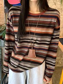 DAZY 女士休闲条纹圆领长袖T恤，秋季新品 - 橘色 - 查看 3