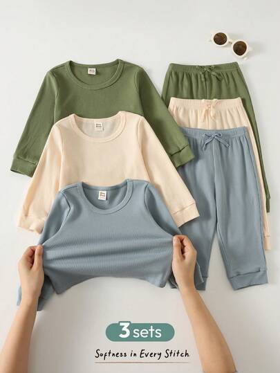 Cozy Pixies 6pcs/Set Baby BoySolid Color Waffle Knit Soft Round Neck Long Sleeve Pullover Top And Elastic Waist Cuffed Pants, 3 Sets, Casual And Sportswear, Versatile And Comfortable Baby Clothes Long Sleeve Baby Top Bottom Long Sleeve Sets Baby Pajama Sets Cotton Neutral Baby Clothes Unisex Cotton Clothes