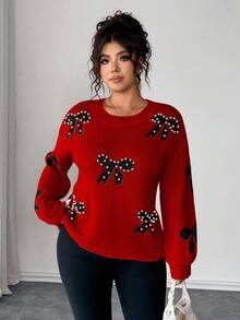 Elenzga Plus Size Women Elegant Long Sleeve Loose Beaded Bow Knit Sweater, Suitable For Outings, Vacations, And Clubs, Autumn/Winter - Red - View 4
