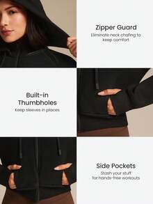 GLOWMODE 抓绒舒适柔软罗纹袖口下摆带拇指孔可拆卸帽子短款拉链卫衣，适合日常休闲穿着，秋冬季 - 黑色 - 查看 4