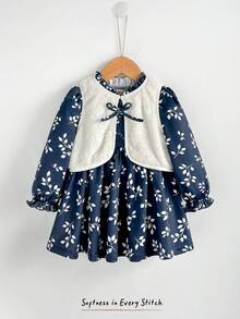 Cozy Pixies 2pcs Baby Girl Thermal Lined Sleeveless Vest & Long Sleeve Floral Print Dress Set Baby Girl Clothes Baby Girl Spring Dress Baby Vintage Dress Baby Girl Fall Dress Baby Girl Winter Dresses