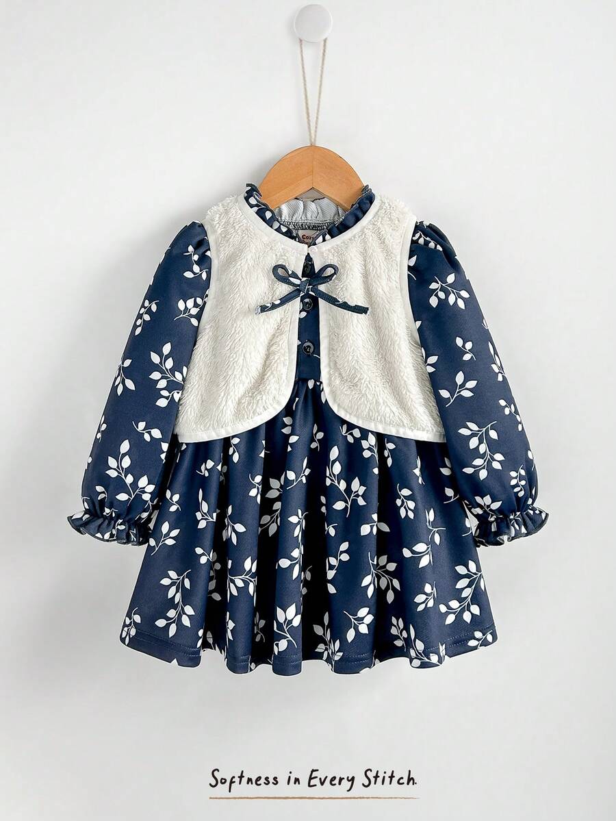 Cozy Pixies 2pcs Baby Girl Thermal Lined Sleeveless Vest & Long Sleeve Floral Print Dress Set Baby Girl Clothes Baby Girl Spring Dress Baby Vintage Dress Baby Girl Fall Dress Baby Girl Winter Dresses