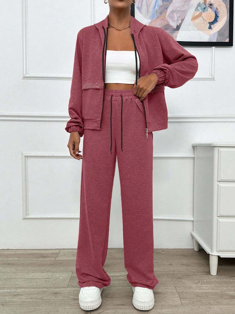 EURMUSE TWO PIECES TWO THREAD LIGHT GREY HOODIE SWEATSHIRT AND SWEATPANT WITH SPARKLE STONE DETAIL - Rusty Rose - View 1