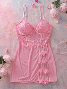 Women's Contrast Lace Bow Decor Hollow Out Sexy Slip Dress - Pink - View 8