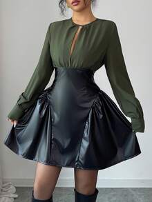 Elenzga Women's Elegant Minimalist Vintage Chic Party Cocktail Dress, High-End Color Blocking Design, Cinched Waist A-Line Long Sleeve Mini Dress, Military Green - Army Green - View 4