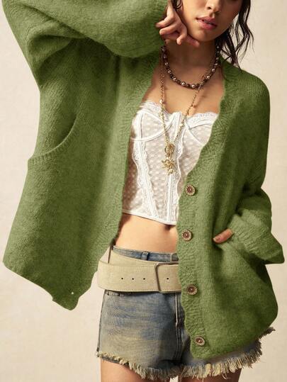 Bohemela Boho Autumn/Winter Outerwear, Women's Christmas Vintage Loose Solid Color Winter Oliver Green Lace Front Button Casual Knit Oversized Fuzzy Cardigan,Western Country Style Concert Vacation, Suitable For Vacation & Daily Wear & Back To School & Going Out, Christmas, New Year