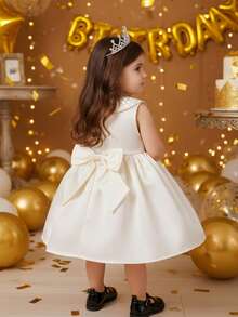 Elegant & Cute Satin Apricot Mesh Collar Dress For Baby Girl
