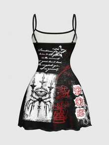 ROMWE Anime Váy mini họa tiết quái vật kinh dị, đen tối, đáng sợ, mắt đẫm máu dành cho nữ - màu đen - Xem 2
