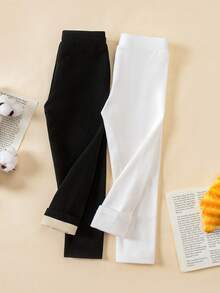 Genkimix Kids 2pcs Girls Leggings With Embroidered Bow Pattern, Velvet Lining, Suitable For Casual Daily Wear, Autumn/Winter - Multicolor - View 2