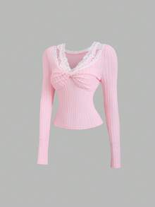 Sweetra 女士纹理面料扭结性感蕾丝边二合一吊带背心，修身简约通勤浪漫约会百搭长袖上衣T恤，秋冬款 - 粉色 - 查看 1