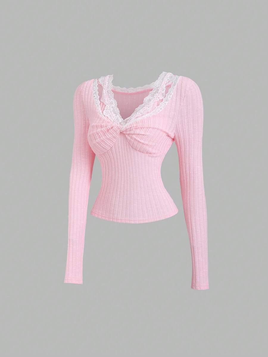Sweetra 女士纹理面料扭结性感蕾丝边二合一吊带背心，修身简约通勤浪漫约会百搭长袖上衣T恤，秋冬款 - 粉色 - 查看 1
