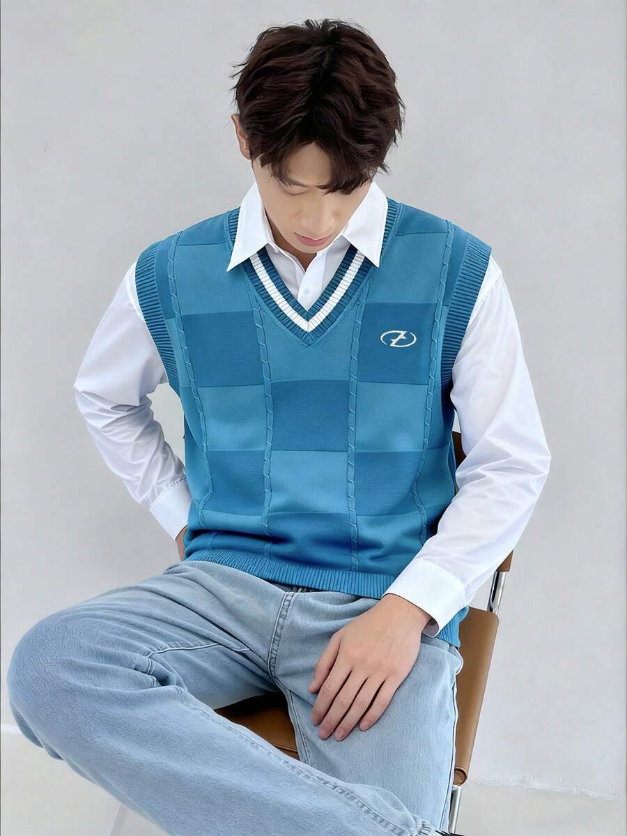 Claim Dot 男士时尚休闲V领针织背心 - 藍色 - 查看 1