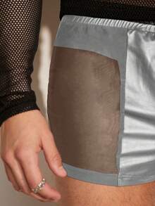 FeverCity Men's Elastic Leather Patchwork Mesh Shorts, Summer - Silver - View 3