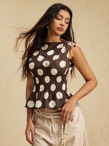 Easelle New Women's Fashion Tie-Up Polka Dot Fuzzy Waist Cropped Camisole Summer Vacation Outfits Women Brown Boho Music Festival Cotton - Mocha Brown - View 4