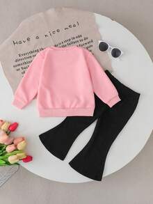 SHEIN 两件套女童时尚字母、蝴蝶结和豹纹印花长袖上衣和喇叭裤套装，舒适休闲，适合春秋季穿着 - 粉色 - 查看 2