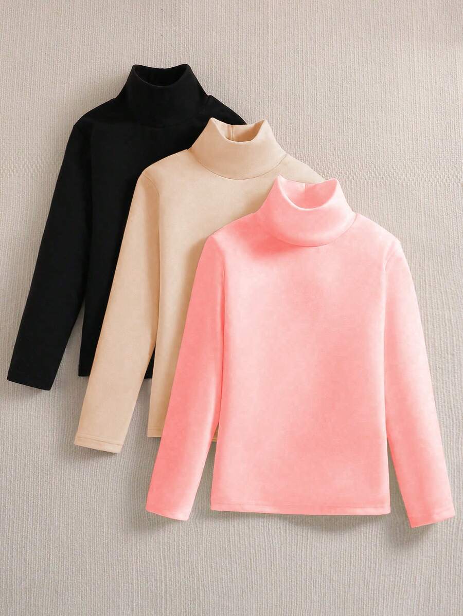 SHEIN 3 pièces/set T-shirts thermiques à manches longues avec col roulé et imprimé chat, style décontracté pour préadolescentes - Multicolore - Voir 1