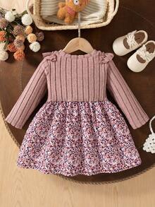 Souflis Souflis Infant/Baby Girl Knitted Round Neck Floral Ruffle Hem Dress, Lotus Root Pink
