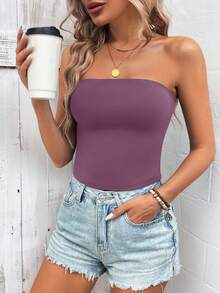 Sylviya Women Casual Solid Color Versatile Tube Top Bodycon Tee, Suitable For Summer Suitable For Going Out - Dusty Purple - View 3