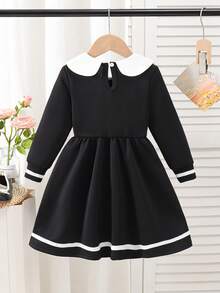 Elladie kids 1件女童休闲领口刺绣拼色针织连衣裙 - 黑色 - 查看 2