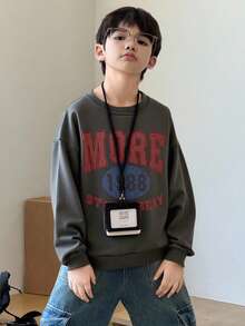 DAZY 青少年男童宽松休闲字母印花抓绒卫衣，秋季款 - 深灰色 - 查看 4