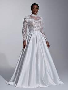 Elitara 加大码优雅浪漫奢华白色串珠刺绣缎面立领奢华亮片和亮片贴花透明长袖褶饰超宽下摆连衣裙，适合度假、蜜月、晚会、婚礼 - 白色 - 查看 8