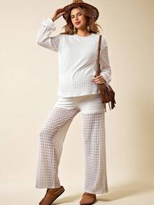 Boho Mama Maternity Two-Piece Set,Women's Boho Lace Textured Top And Pants Set,Adjustable Elastic Waistband,Holiday Birthday White Autumn Casual Matching Set - White - View 11