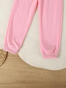 2pcs/Set Young Girls Bow Print Hooded Long Sleeve Sweatshirt & Pants Set - Pink - View 3