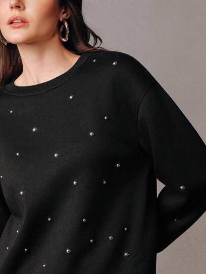 Anewsta Sudadera de cuello redondo oversize negra con remaches decorativos en las mangas largas, adecuada para otoño, invierno, Año Nuevo, fiestas, bodas, elegante, chic, con estilo