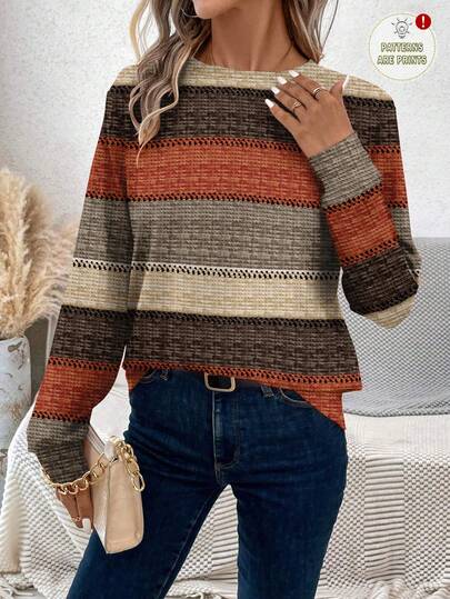 EMERY ROSE Casual Minimalist Warm Commute Versatile Family Matching Sister Matching Party Matching Parent-Child Matching, Warm Color Faux Fur Striped Print Pattern, Comfortable Warm Long Sleeve Women T-Shirt Suitable For Autumn/Winter