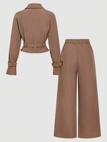 SHEIN MOD Women's Coffee Brown 2 Pieces Set,Summer Business Casual Office Wear,Short Loose-Fit Blazer With Belt & Wide Leg Pants Suit,Elegant Workwear Pantsuit - Brown - View 9