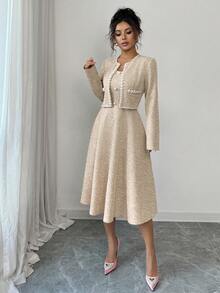 Elenzga 女士初秋约会之夜套装，适合返校、教师装扮、中东风情、成熟优雅、OL通勤、商务休闲、办公室穿着，兼具法式时尚、甜美、韩式风格，饰有串珠工艺，收腰A字连衣裙搭配短款外套两件套，中长款连衣裙，粉色 - 杏色 - 查看 5