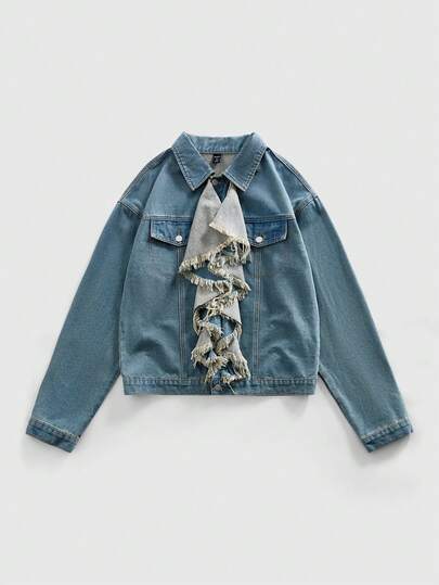 Street Life Chaqueta vaquera con cuello con volantes para hombre, estilo hip-hop