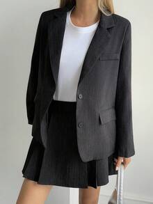 Women's Striped Casual Jacket And Pleated Skirt 2 Pieces Set, Autumn/Winter Lounge Sets For Women - Dark Grey - View 5