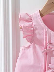 Souflis French Retro New Light Pink Sleeveless Round Neck Front Placket Pleated Blouse Paired With Light Pink Wide Leg Pants, Casual Versatile Outfit For School, Outing, Multiple Occasions, Baby & Baby GirlSet - Pink - View 7