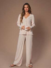 Lazeform 女士纯色休闲V领紧身开衫和裤子睡衣套装，秋冬服装 - 杏色 - 查看 3