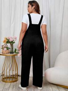 SHEIN PETITE CURVE Bộ đồ liền thân nhung kẻ đen thường ngày cỡ lớn dành cho nữ - màu đen - Xem 2