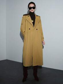 Lumivelle Manteau/veste longue/trench-coat élégant à double boutonnage avec patchwork col châle pour femmes - Multicolore - Voir 8