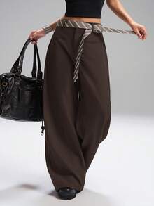 SHEIN EZwear Pantaloni marroni tinta unita alla moda, taglio morbido, pantaloni da tailleur per donna in autunno/inverno, taglie comode - Castano - Visualizzare 5