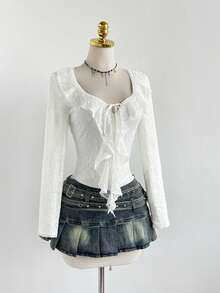 Elamini 优雅奢华女士蕾丝胸前系带衬衫 - 白色 - 查看 4