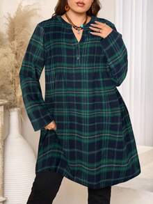 大码女式休闲长袖格子连衣裙，秋冬款 - 墨綠色 - 查看 6