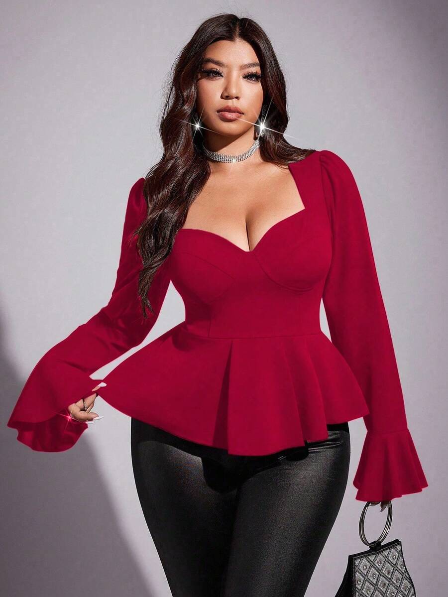 Viva Relle 大码女士优雅派对性感简约日常弹力修身甜心领长袖喇叭袖口收腰红色衬衫 - 紅色 - 查看 1