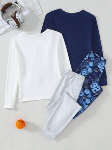 男童休闲篮球印花长袖上衣和紧身裤睡衣套装（4件套） - 彩色 - 查看 2