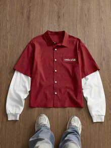 Manfinity Unisex Men's Letter Print Single-Breasted Casual Striped Long Sleeve Shirt - Red - View 2