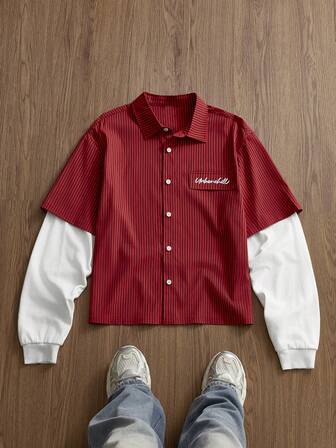 Manfinity Unisex Camisa casual de manga larga de solapa única con estampado de letras y rayas para hombre