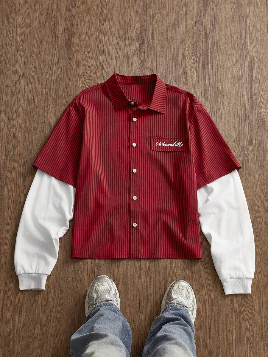 Manfinity Unisex Men's Letter Print Single-Breasted Casual Striped Long Sleeve Shirt - Red - View 1