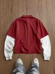 Manfinity Unisex Men's Letter Print Single-Breasted Casual Striped Long Sleeve Shirt - Red - View 6