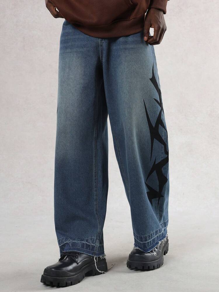 Men's Loose Fit Street Graphic Print Denim Jeans, Autumn
